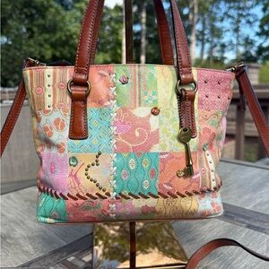 EUC! Fossil Y2K Patchwork Tote Bag with Brown Accents Vintage Leather